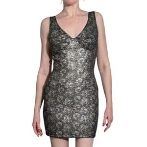 Vintage Steppin Out Metallic Bodycon Mini Dress Gold Black 90s Clubwear Sz M